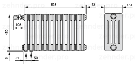 Схема (чертеж) Радиатор Zehnder Charleston 5045/13 №V001 Белый глянцевый RAL 9016